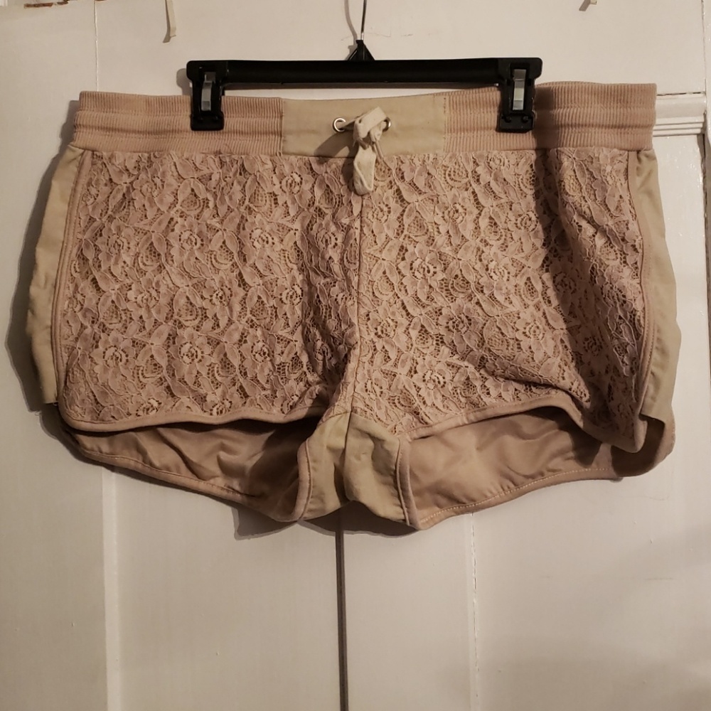 Dots Plus Size 3X Tan Stretch Linen Shorts Lace Paneling, Elastic Waistband